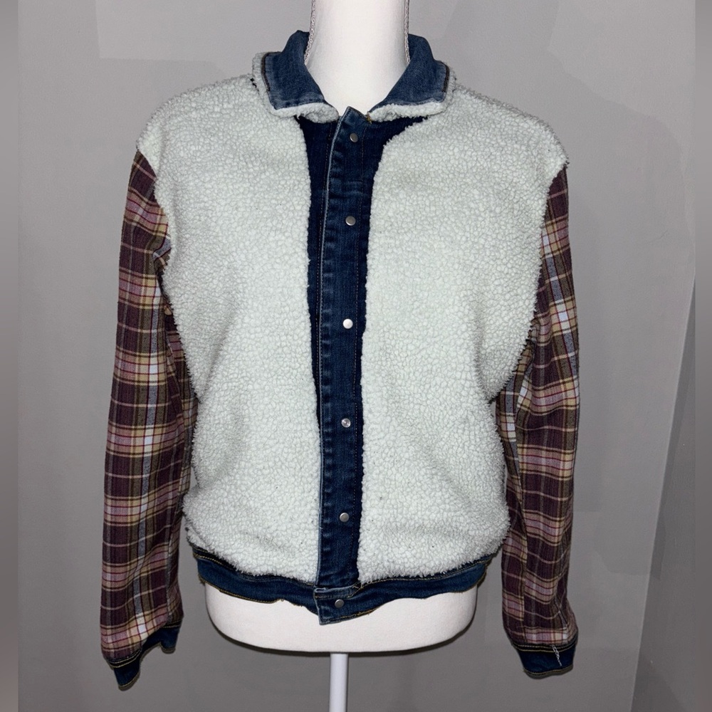 AG Adriano Goldschmied Denim Jacket Reversible Plaid Sleeves Sherpa Collar Large - Picture 7 of 16